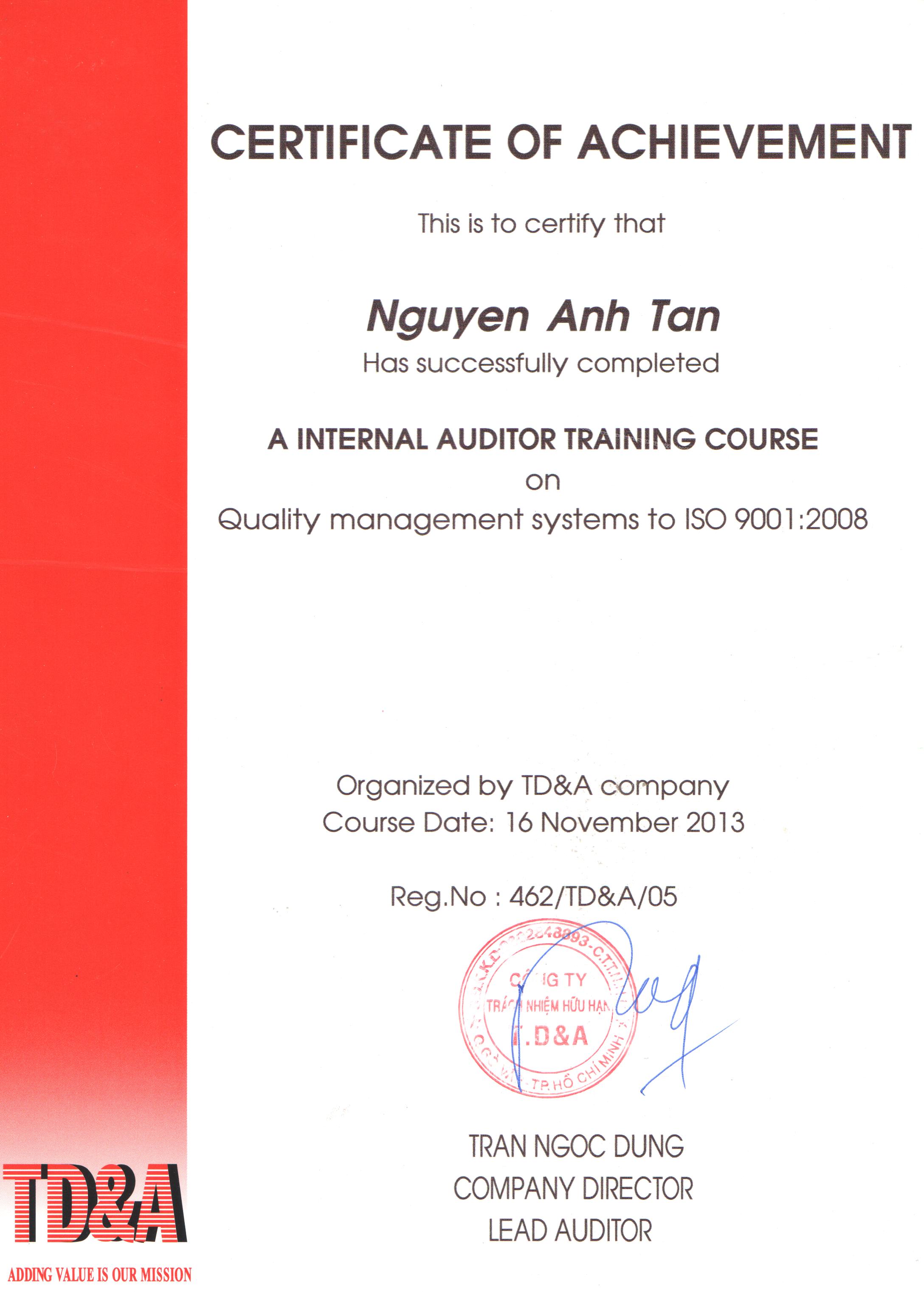 Chứng chỉ quản lý chất lượng ISO 9001 VTP