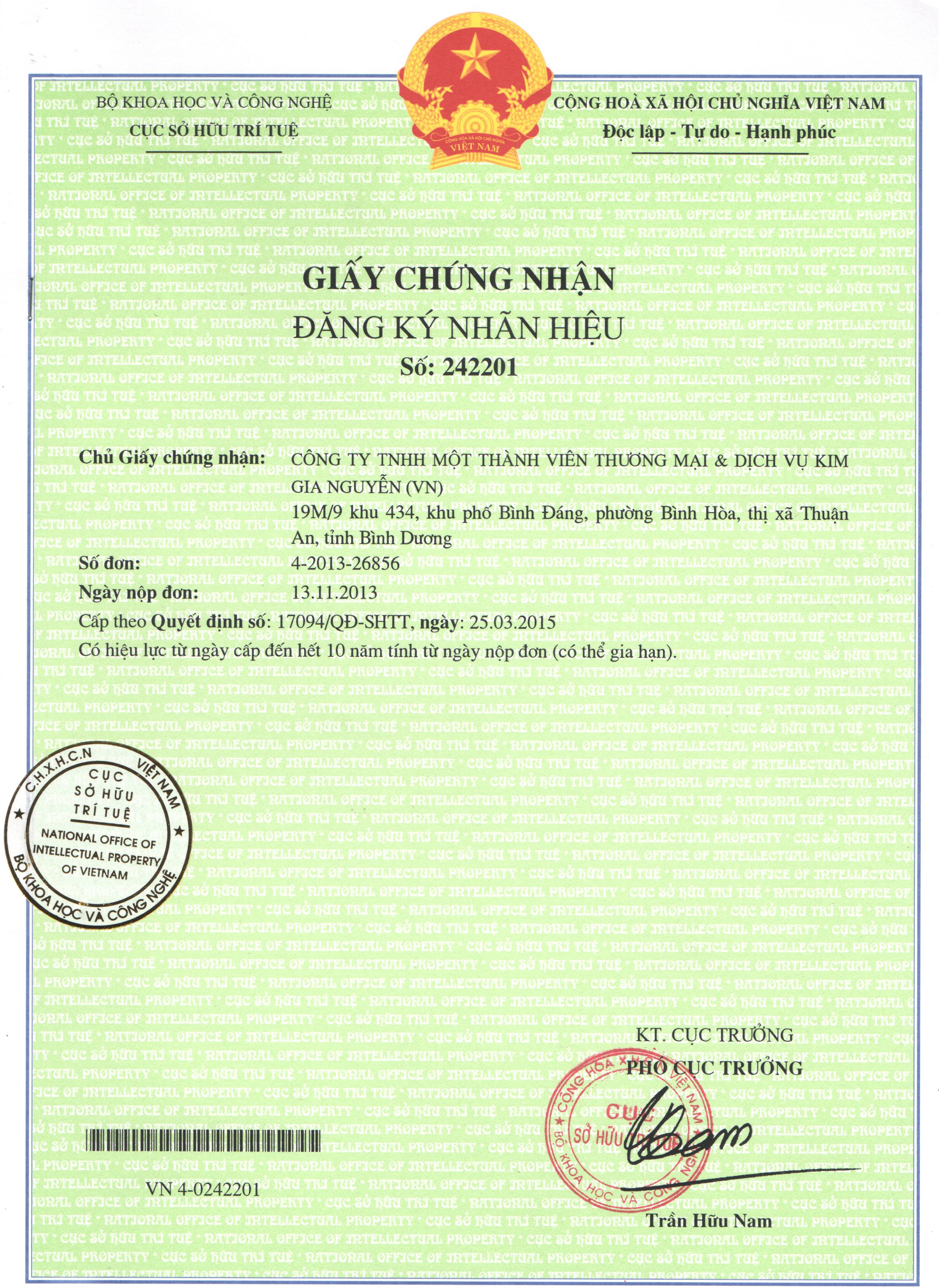 Giấy chứng nhận đăng ký nhãn hiệu VTP